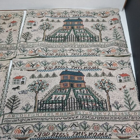 Vintage Style Handwoven Country Sampler Tapestry Place Mats Set Of 4 Cottage - Picture 2 of 7